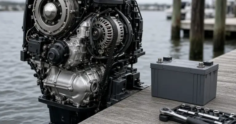 Outboard powerhead with the cowling removed beside a lithium battery and tools on a dock