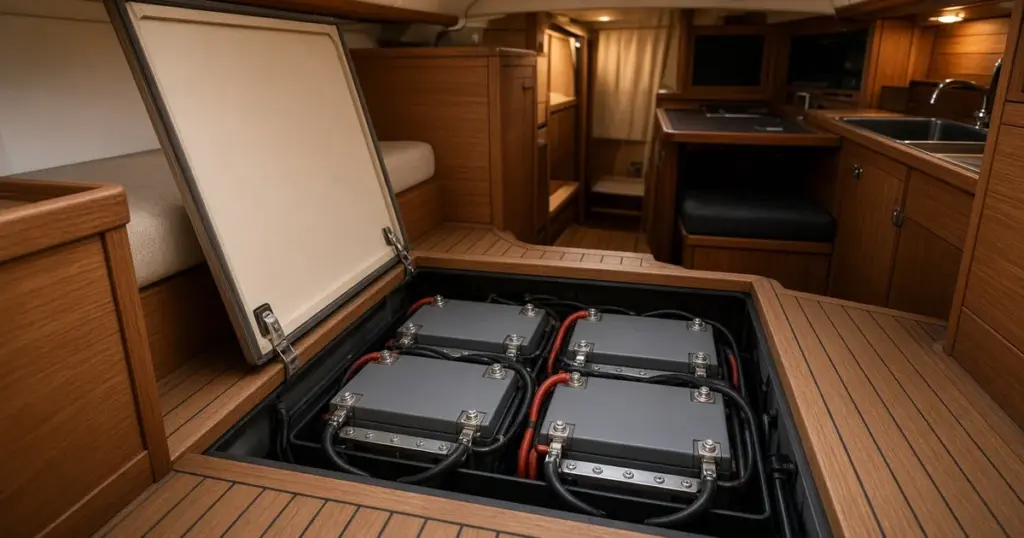 Four lithium batteries installed under a lifted floor panel in a sailboat cabin
