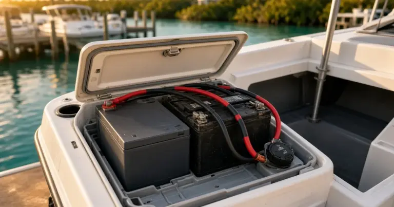Open stern battery compartment on a white boat at a marina dock, showing two marine batteries with red and black cables