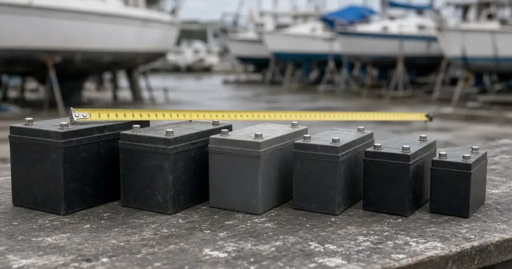 Marine batteries lined up by size beside a tape measure in a boatyard