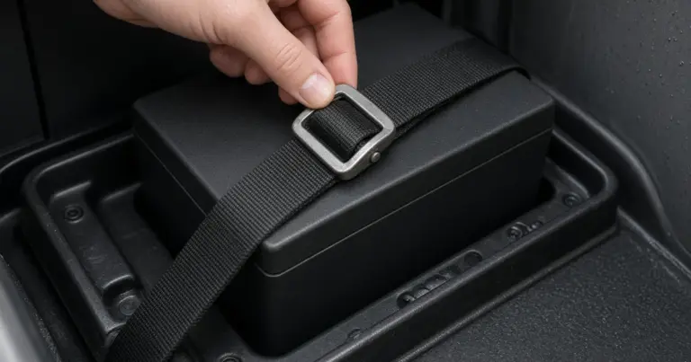 Hand tightening a hold-down strap buckle over a battery in a boat compartment