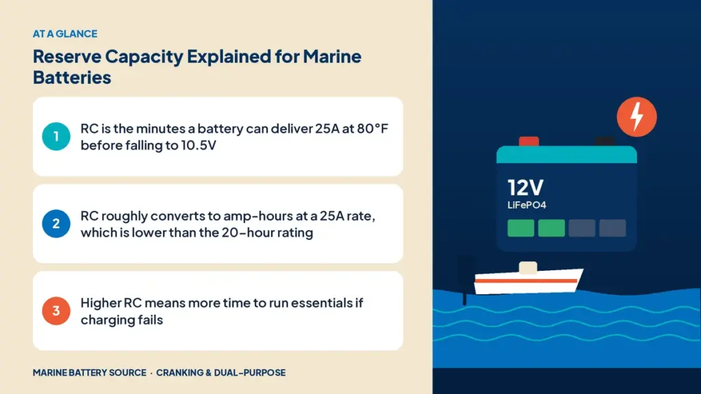 At-a-glance summary: RC is the minutes a battery can deliver 25A at 80°F before falling to 10.5V; RC roughly converts to amp-hours at a 25A rate, which is lower than the 20-hour rating; Higher RC means more time to run essentials if charging fails