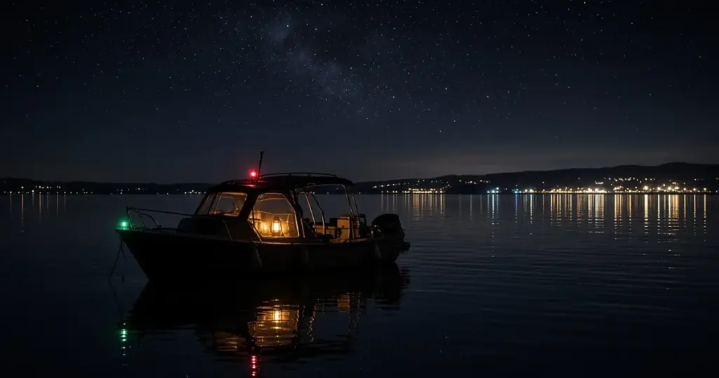Cabin cruiser anchored at night with its cabin lights glowing under a starry sky