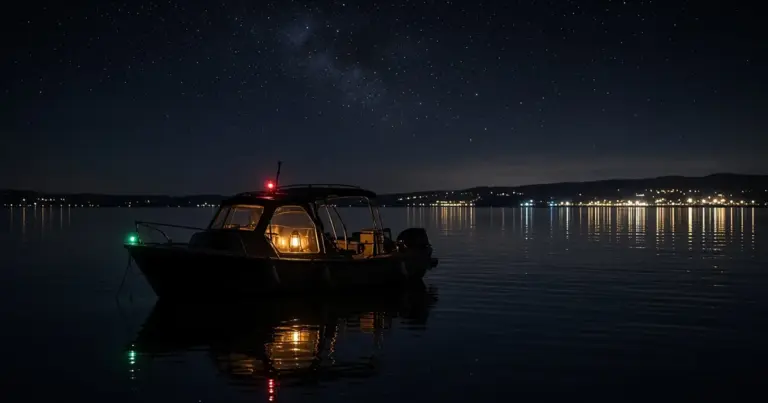 Cabin cruiser anchored at night with its cabin lights glowing under a starry sky
