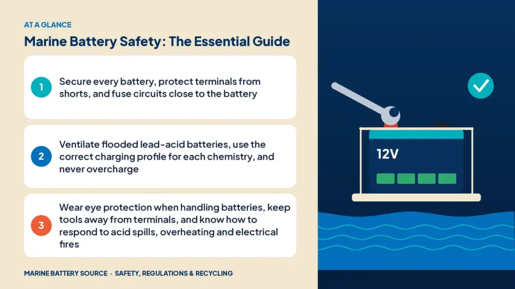 At-a-glance summary: Secure every battery, protect terminals from shorts, and fuse circuits close to the battery; Ventilate flooded lead-acid batteries, use the correct charging profile for each chemistry, and never overcharge; Wear eye protection when handling batteries, keep tools away from terminals, and know how to respond to acid spills, overheating and electrical fires