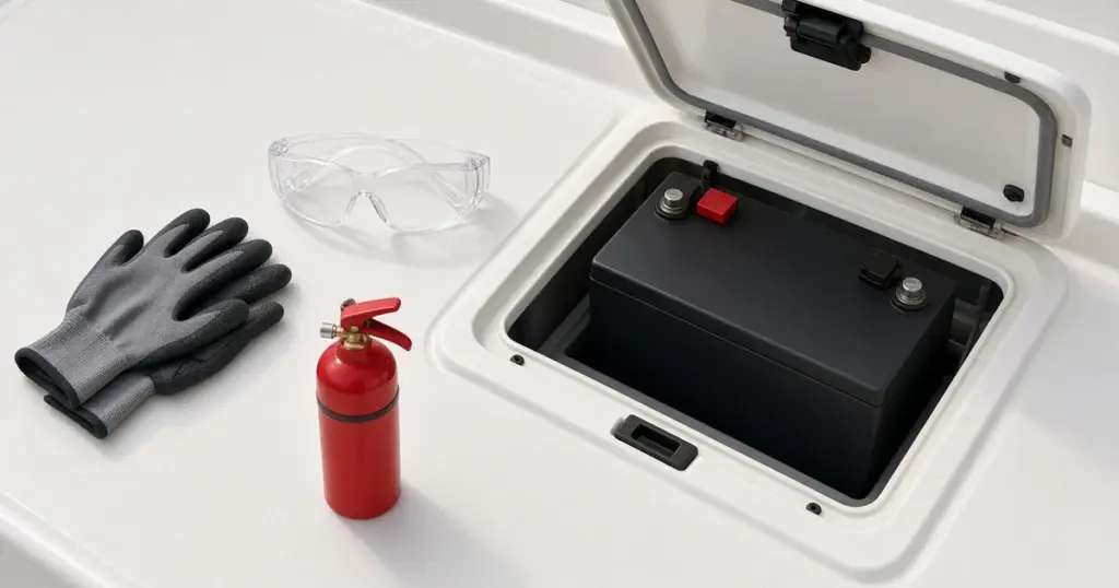 Battery in an open boat hatch with safety gloves, glasses and a fire extinguisher beside it