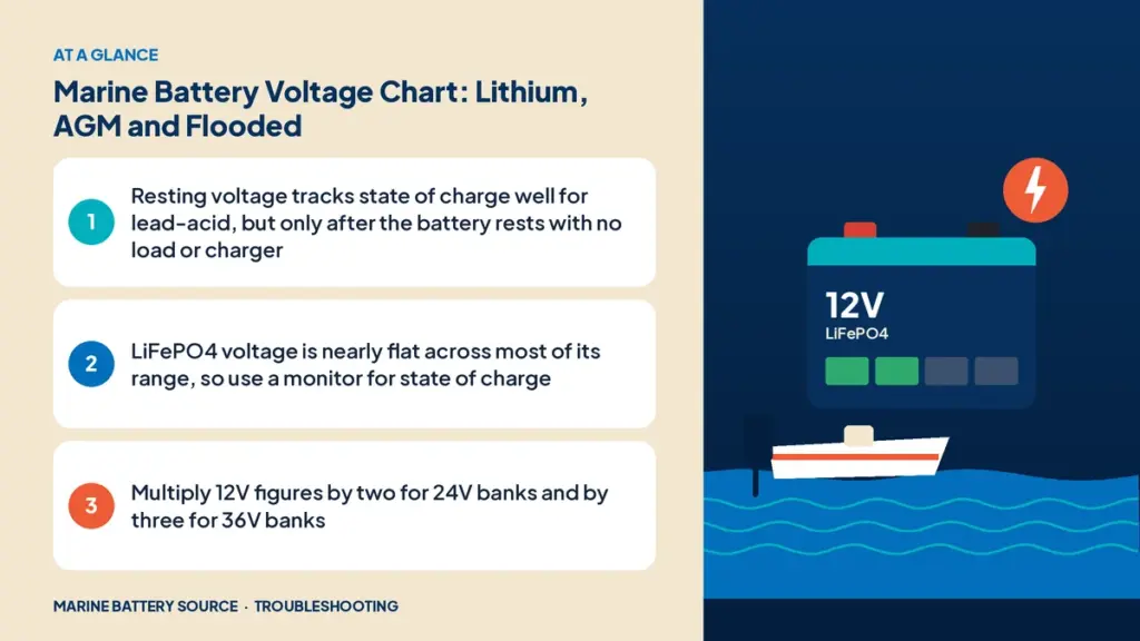 At-a-glance summary: Resting voltage tracks state of charge well for lead-acid, but only after the battery rests with no load or charger; LiFePO4 voltage is nearly flat across most of its range, so use a monitor for state of charge; Multiply 12V figures by two for 24V banks and by three for 36V banks