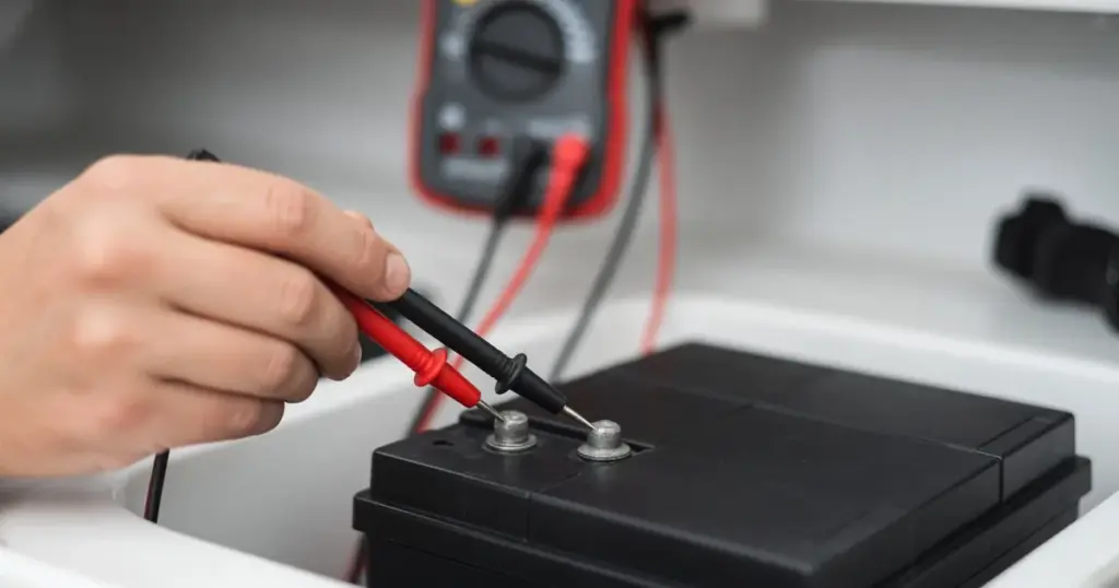 Hand holding multimeter probes on a battery's terminals in a boat