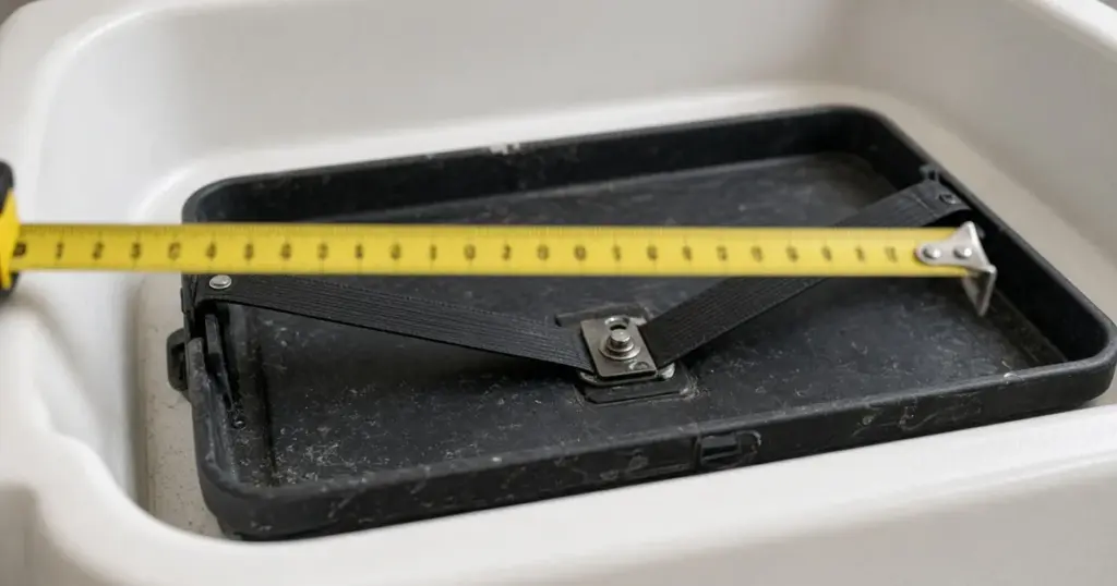 Tape measure stretched across an empty battery tray in a boat compartment