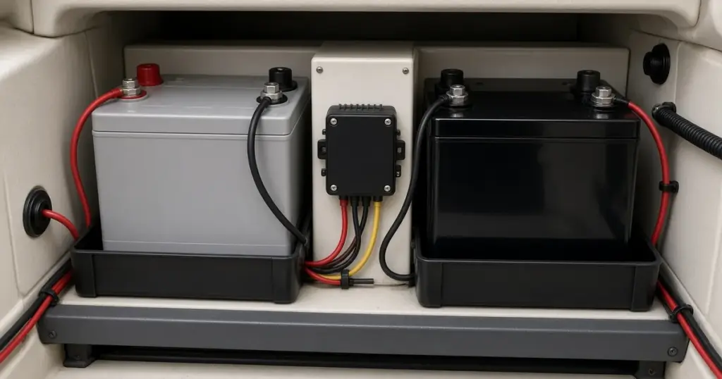 Lithium battery and lead-acid battery mounted side by side in a boat compartment with a charging relay between them