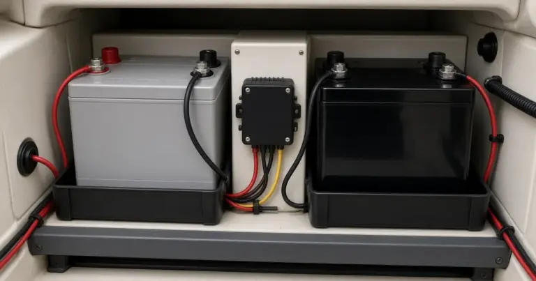 Lithium battery and lead-acid battery mounted side by side in a boat compartment with a charging relay between them