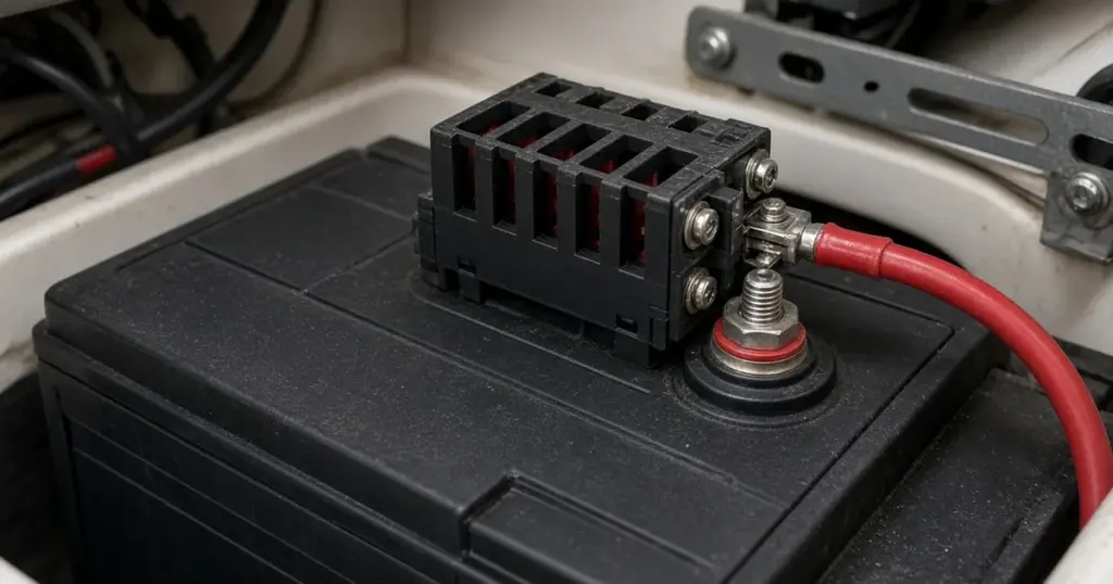 Terminal-mounted fuse block on a battery post with a red cable in a boat compartment
