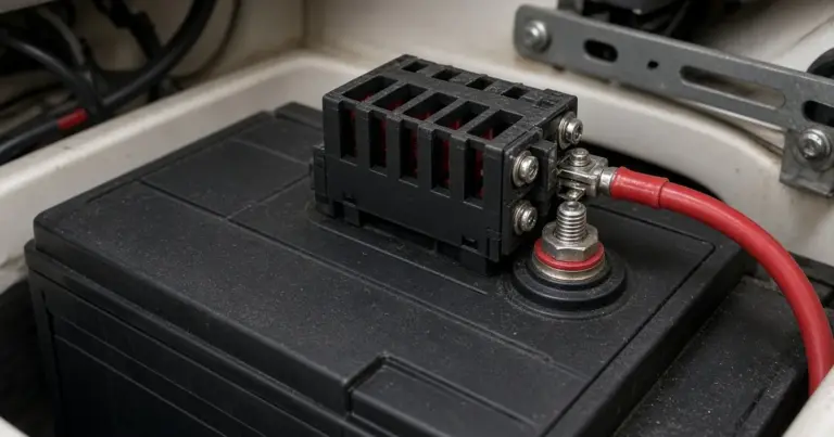 Terminal-mounted fuse block on a battery post with a red cable in a boat compartment