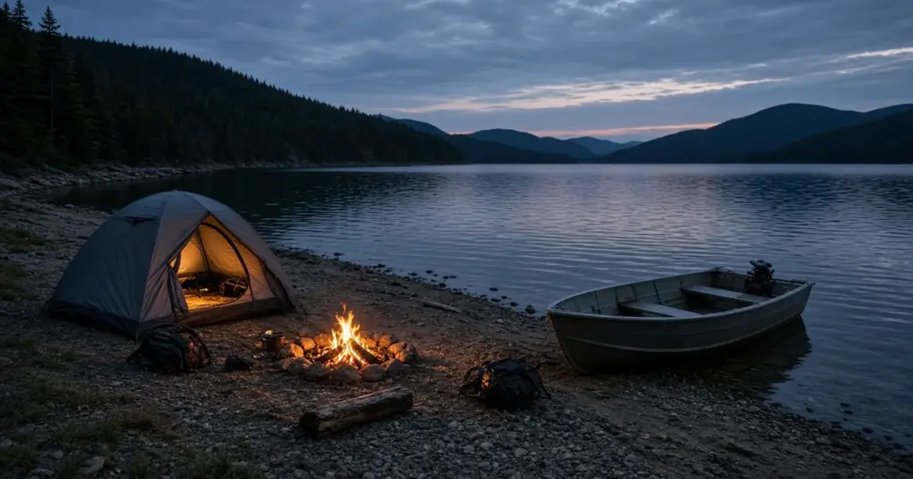 Tent and campfire on a lakeshore beside a small aluminum boat at dusk