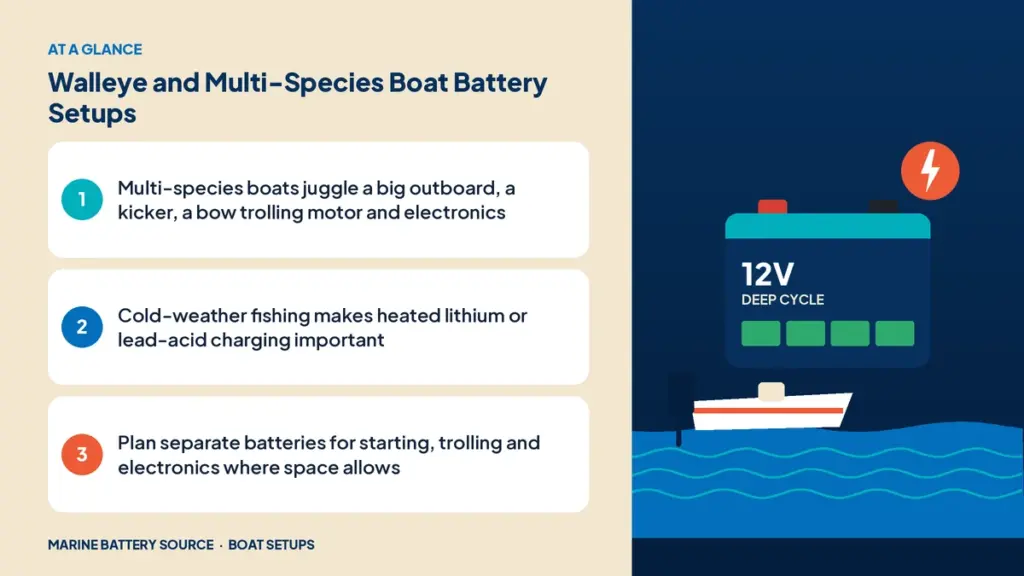 At-a-glance summary: Multi-species boats juggle a big outboard, a kicker, a bow trolling motor and electronics; Cold-weather fishing makes heated lithium or lead-acid charging important; Plan separate batteries for starting, trolling and electronics where space allows