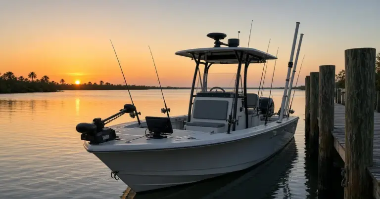 Fishing boat with a T-top, rod holders and bow trolling motor tied to a dock at sunset