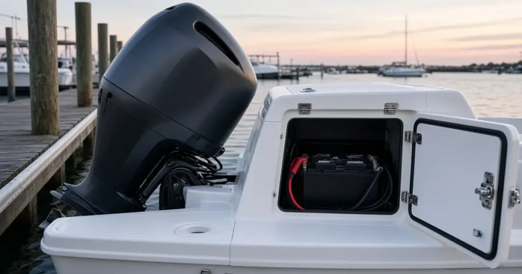 Outboard engine on a center console at a dock, with a battery visible in the open stern compartment
