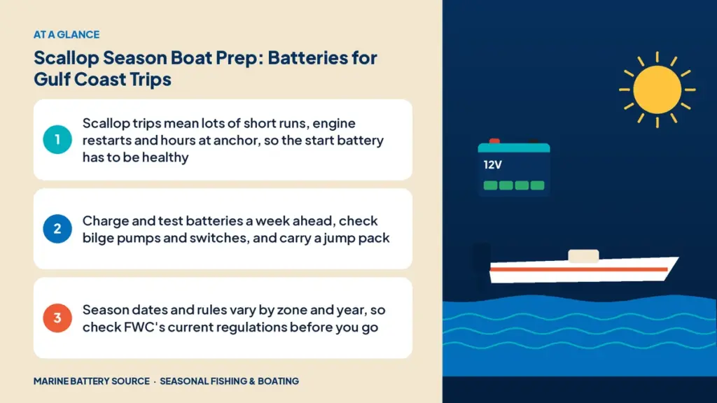 At-a-glance summary: Scallop trips mean lots of short runs, engine restarts and hours at anchor, so the start battery has to be healthy; Charge and test batteries a week ahead, check bilge pumps and switches, and carry a jump pack; Season dates and rules vary by zone and year, so check FWC's current regulations before you go