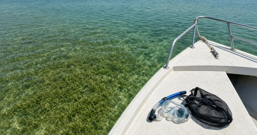 Snorkel mask and mesh bag on a boat's bow over clear water and seagrass