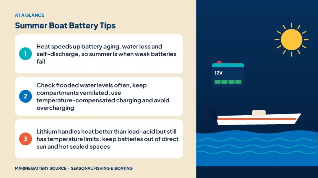 At-a-glance summary: Heat speeds up battery aging, water loss and self-discharge, so summer is when weak batteries fail; Check flooded water levels often, keep compartments ventilated, use temperature-compensated charging and avoid overcharging; Lithium handles heat better than lead-acid but still has temperature limits; keep batteries out of direct sun and hot sealed spaces