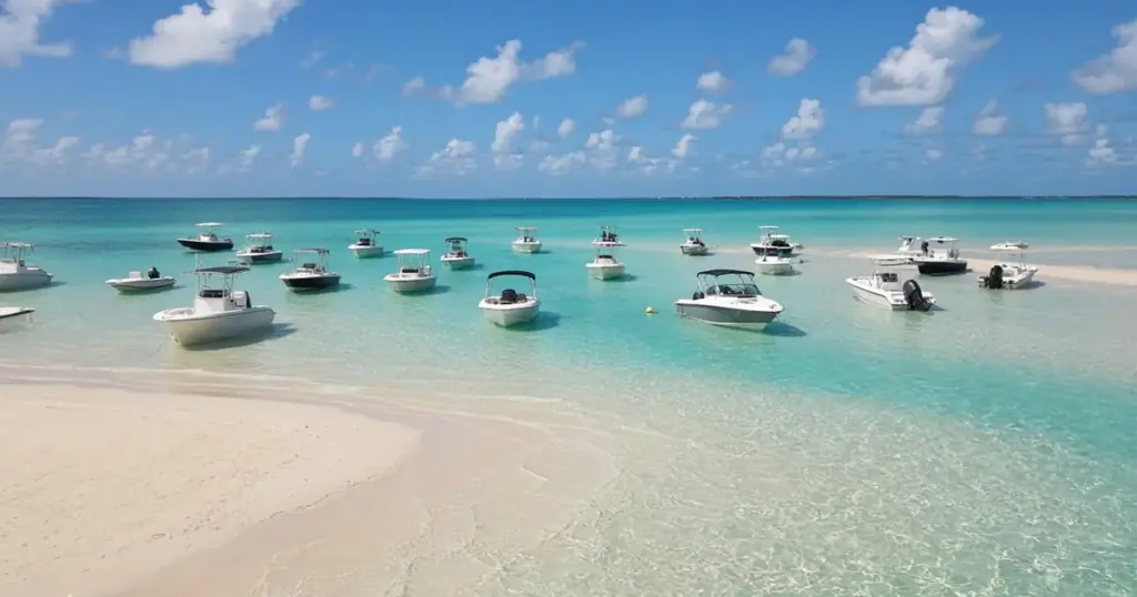 Boats anchored in clear turquoise water off a white sandbar on a summer day