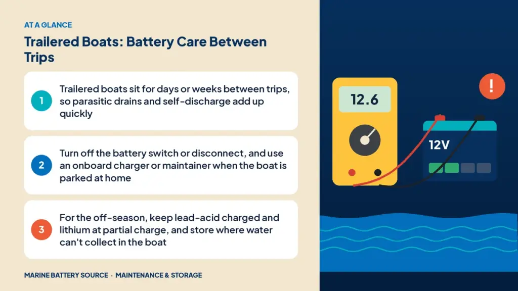 At-a-glance summary: Trailered boats sit for days or weeks between trips, so parasitic drains and self-discharge add up quickly; Turn off the battery switch or disconnect, and use an onboard charger or maintainer when the boat is parked at home; For the off-season, keep lead-acid charged and lithium at partial charge, and store where water can't collect in the boat