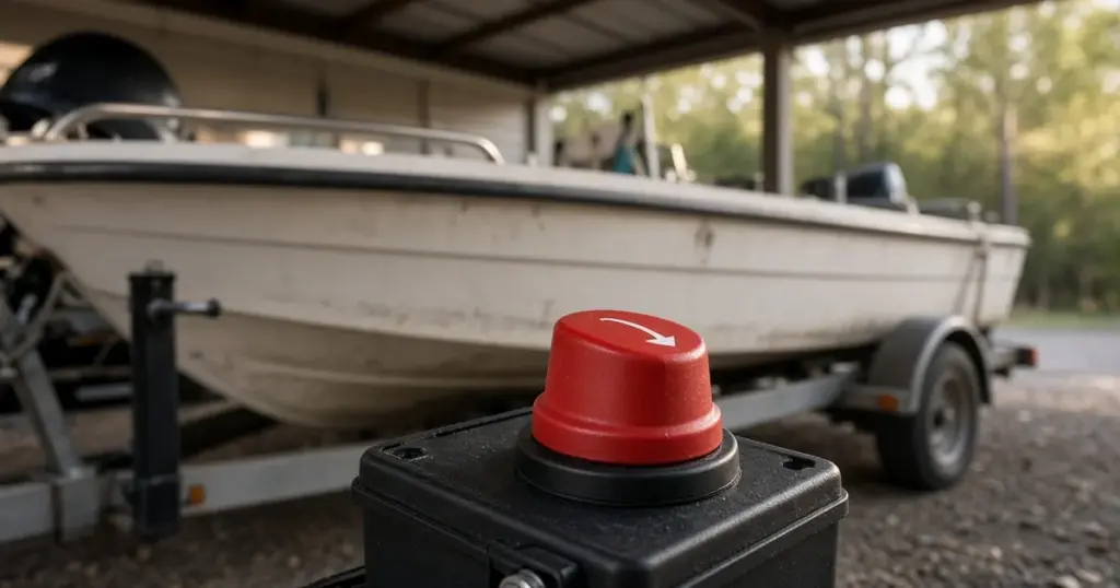 Red battery disconnect switch on a battery box beside a boat on a trailer under a shed roof