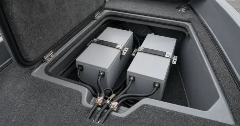 Two batteries strapped side by side in a carpeted bass boat compartment