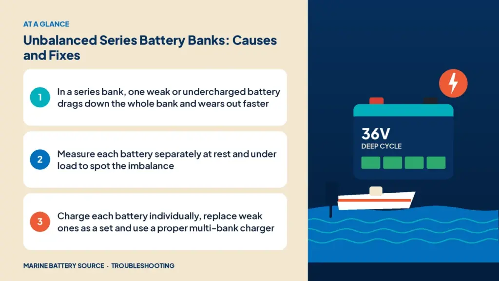 At-a-glance summary: In a series bank, one weak or undercharged battery drags down the whole bank and wears out faster; Measure each battery separately at rest and under load to spot the imbalance; Charge each battery individually, replace weak ones as a set and use a proper multi-bank charger