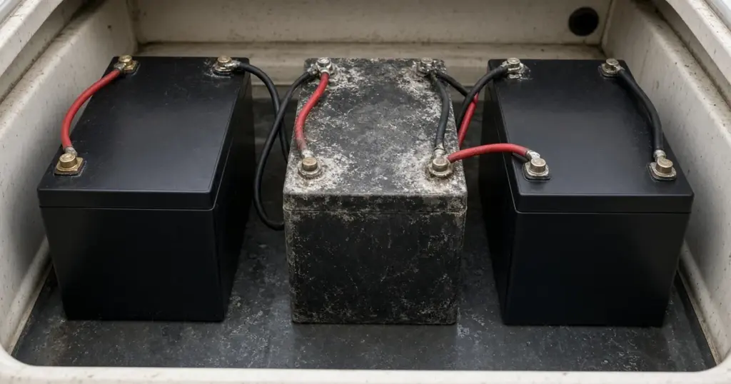 Three batteries wired in series, with the middle one visibly corroded and worn