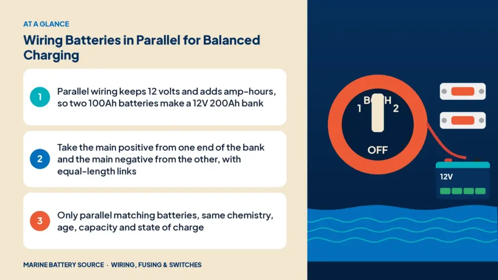 At-a-glance summary: Parallel wiring keeps 12 volts and adds amp-hours, so two 100Ah batteries make a 12V 200Ah bank; Take the main positive from one end of the bank and the main negative from the other, with equal-length links; Only parallel matching batteries, same chemistry, age, capacity and state of charge