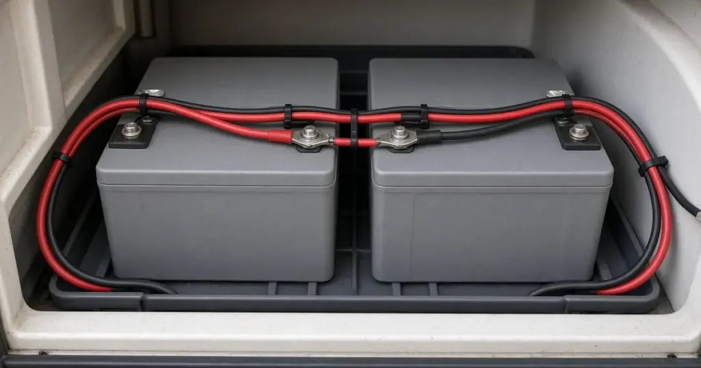 Two batteries in a boat compartment wired in parallel with equal red and black link cables