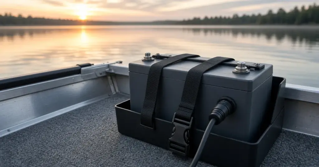Single deep-cycle battery strapped in a battery box on an aluminum boat deck at sunrise on a lake