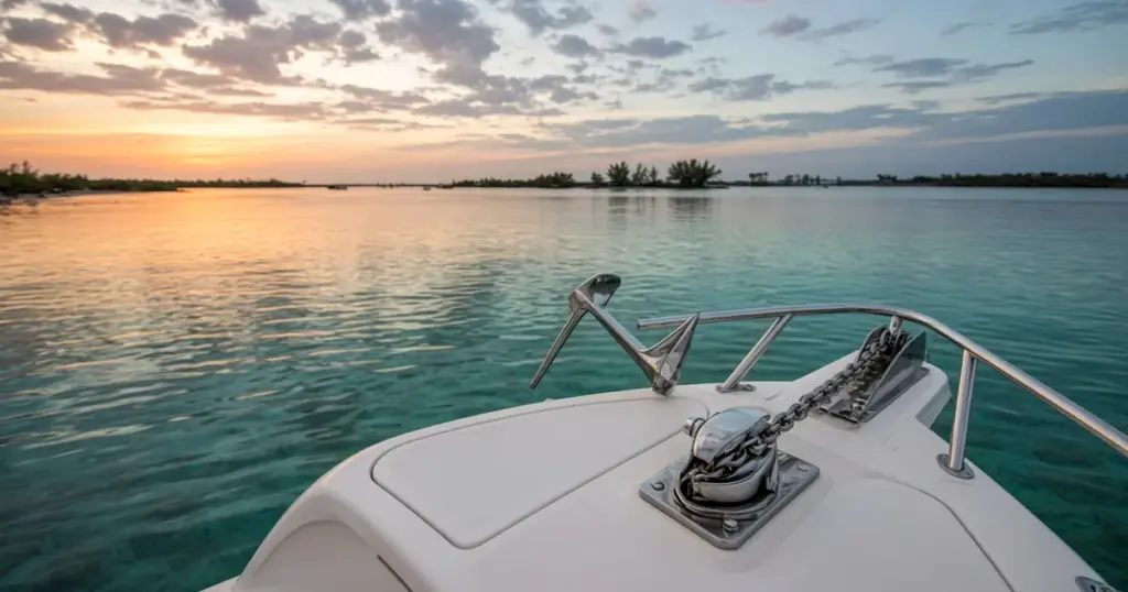 Anchor windlass and bow roller on a boat foredeck at sunset over calm water