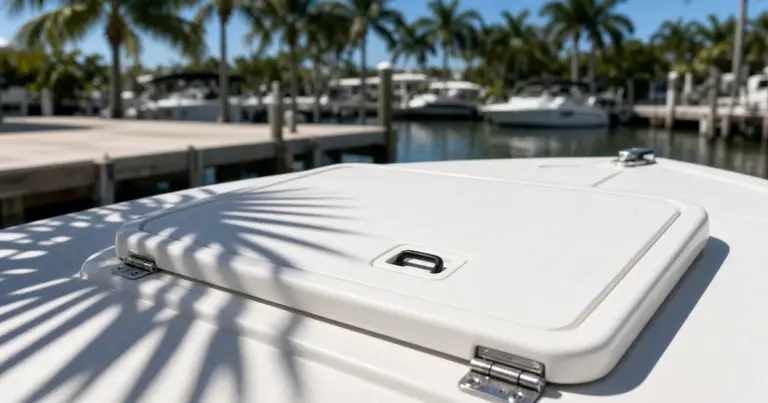 Sunlit hatch on a white boat deck with palm shadows at a tropical marina