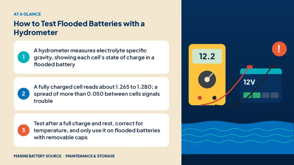 At-a-glance summary: A hydrometer measures electrolyte specific gravity, showing each cell's state of charge in a flooded battery; A fully charged cell reads about 1.265 to 1.280; a spread of more than 0.050 between cells signals trouble; Test after a full charge and rest, correct for temperature, and only use it on flooded batteries with removable caps