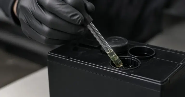 Gloved hand drawing electrolyte from a flooded battery cell with a hydrometer
