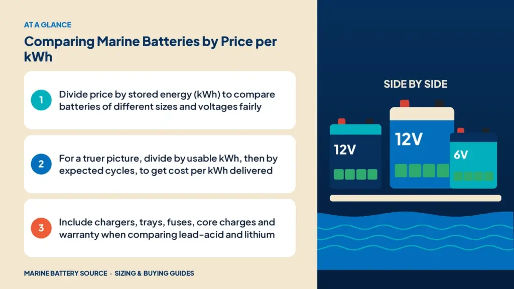 At-a-glance summary: Divide price by stored energy (kWh) to compare batteries of different sizes and voltages fairly; For a truer picture, divide by usable kWh, then by expected cycles, to get cost per kWh delivered; Include chargers, trays, fuses, core charges and warranty when comparing lead-acid and lithium