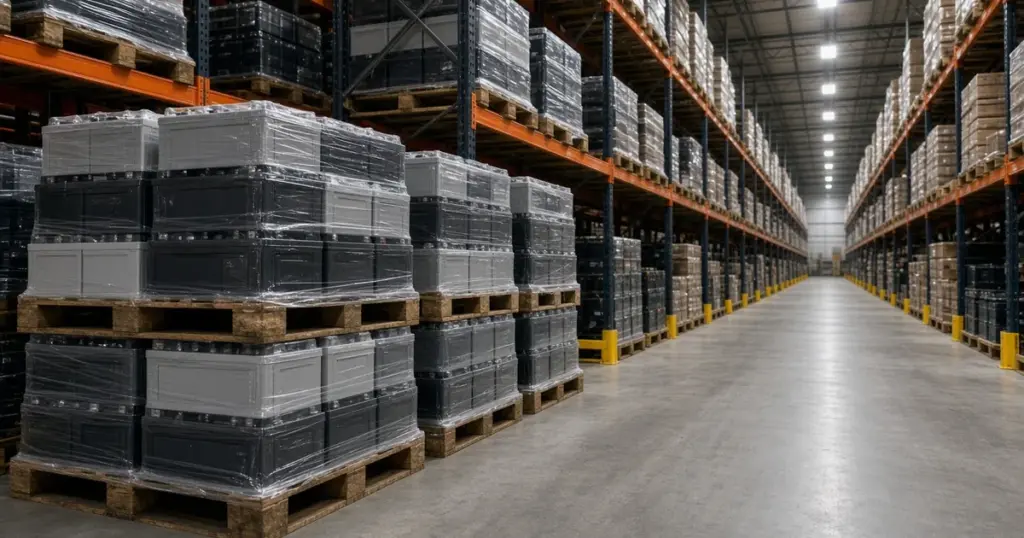 Warehouse aisle stacked high with pallets of batteries