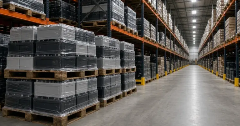 Warehouse aisle stacked high with pallets of batteries