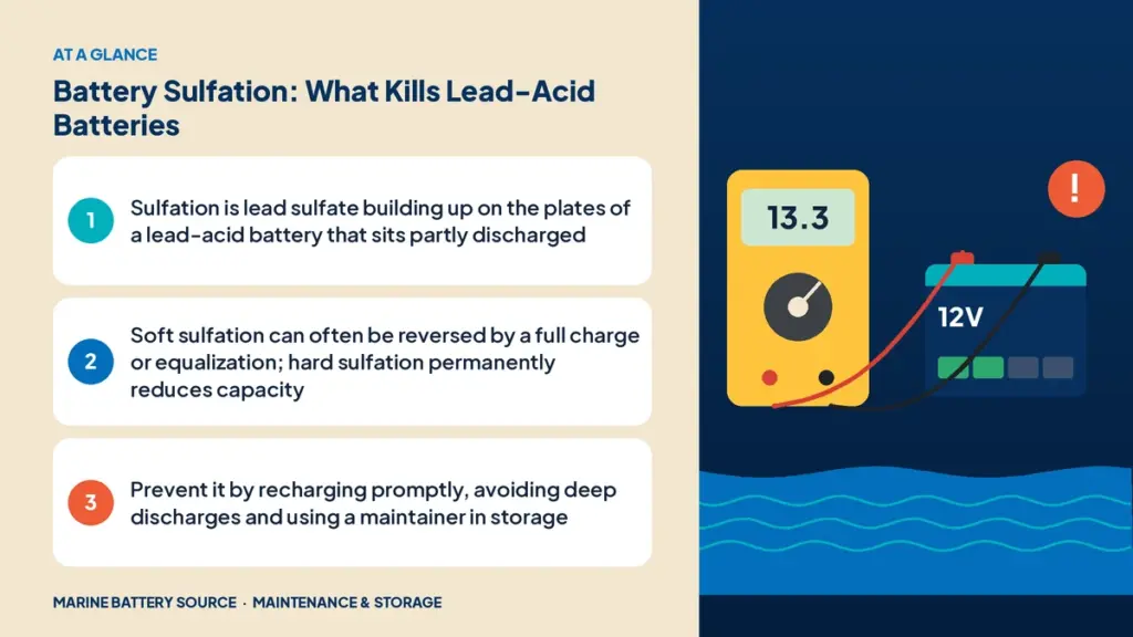 At-a-glance summary: Sulfation is lead sulfate building up on the plates of a lead-acid battery that sits partly discharged; Soft sulfation can often be reversed by a full charge or equalization; hard sulfation permanently reduces capacity; Prevent it by recharging promptly, avoiding deep discharges and using a maintainer in storage