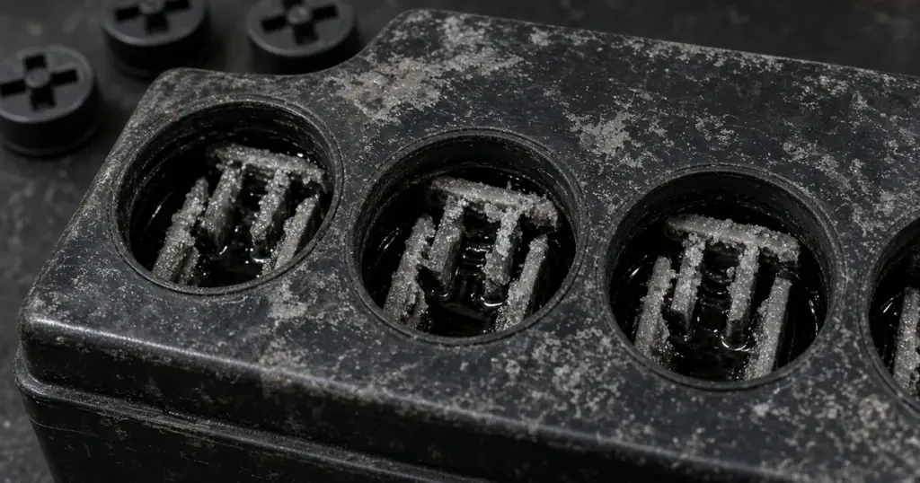 Close-up of open flooded battery cells with plates crusted in white sulfate