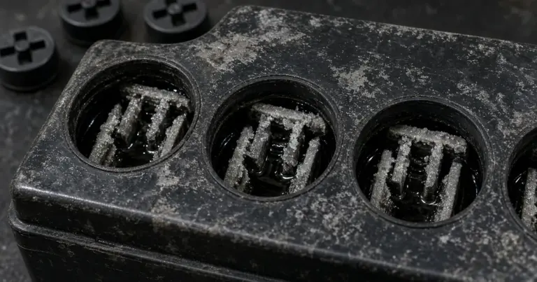 Close-up of open flooded battery cells with plates crusted in white sulfate