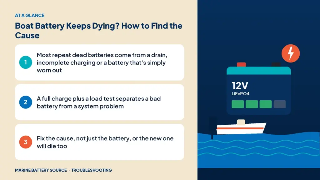 At-a-glance summary: Most repeat dead batteries come from a drain, incomplete charging or a battery that's simply worn out; A full charge plus a load test separates a bad battery from a system problem; Fix the cause, not just the battery, or the new one will die too