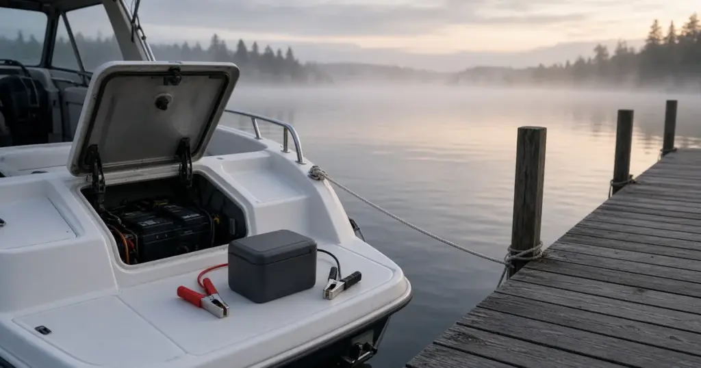 Boat with its battery hatch open and a maintainer beside it at a misty lakeside dock