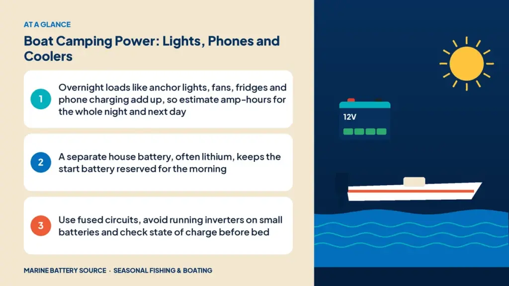 At-a-glance summary: Overnight loads like anchor lights, fans, fridges and phone charging add up, so estimate amp-hours for the whole night and next day; A separate house battery, often lithium, keeps the start battery reserved for the morning; Use fused circuits, avoid running inverters on small batteries and check state of charge before bed