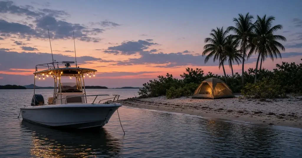 Center console anchored off a beach campsite with string lights at sunset