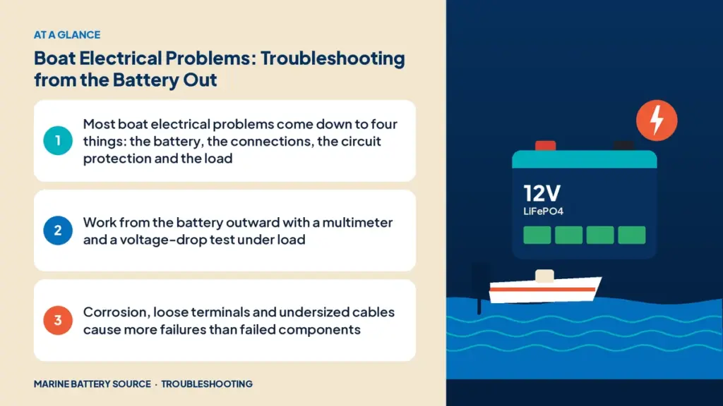 At-a-glance summary: Most boat electrical problems come down to four things: the battery, the connections, the circuit protection and the load; Work from the battery outward with a multimeter and a voltage-drop test under load; Corrosion, loose terminals and undersized cables cause more failures than failed components