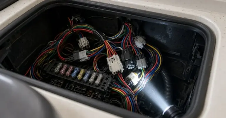 Flashlight shining on a tangle of wires and a fuse block behind a boat console