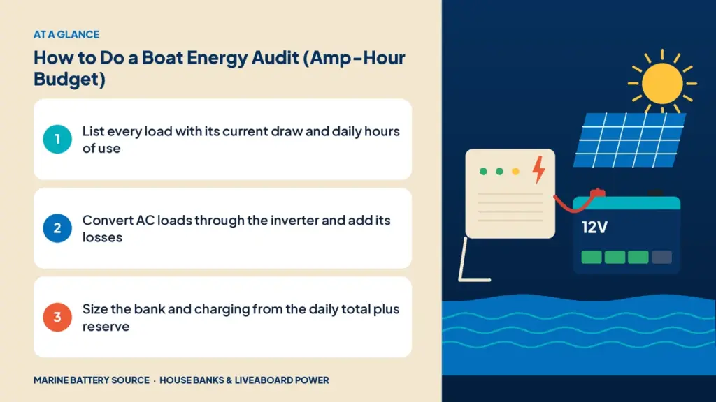 At-a-glance summary: List every load with its current draw and daily hours of use; Convert AC loads through the inverter and add its losses; Size the bank and charging from the daily total plus reserve